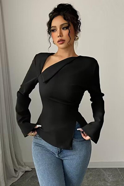 Deafox Black Asymmetrical Neck Detail Back Drawstring Long Sleeve Crepe Fabri...