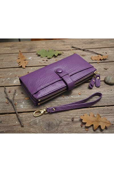 PASSTELL İthal Çift Fermuarlı Bozuk Paralı El Askılı Büyük Boy Yumuşak Deri K...