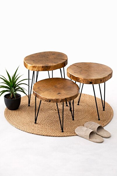 Rustic Remnants Doğal Sedir Ağacı Yan Sehpa Seti 3’lü – Metal Ayaklı Rustik T...