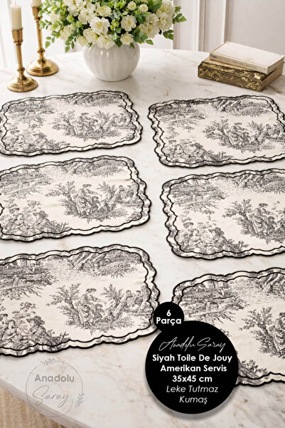 Anadolu Saray 6 Parça Siyah Toile De Jouy Amerikan Servis 35x45 cm Leke Tutma...
