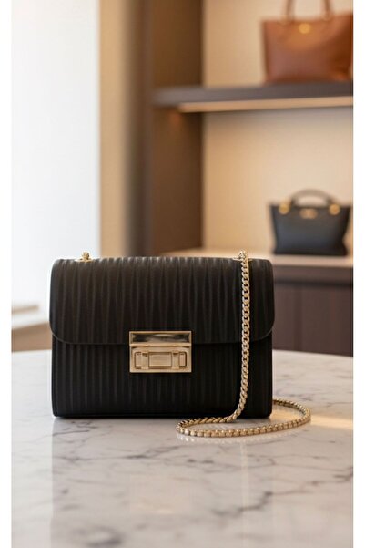 ÇANTA Siyah Çizgili Desenli Gold Zincir Askılı Portföy Omuz Ve El Çantası E19B13