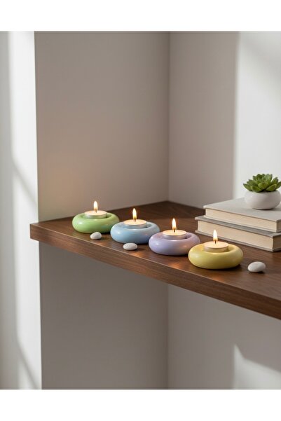 Silver 4'lü renkli donut tasarım mumluk seti - modern el yapımı hediyelik tea...