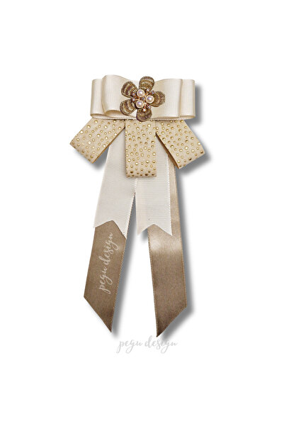 pegu baby collection LUXURY EKRU GROGREN KURDELE İNCİLİ ÇİÇEKLİ YAKA BROŞ,PAP...