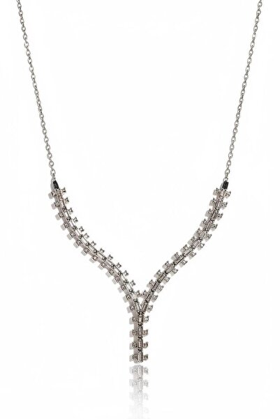 Hakan Güler Kuyumculuk 14 Ayar Beyaz Altın Baget Taşlı Su Yolu Zincir Kolye