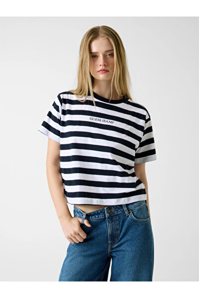 Guess GJ cu mânecă scurtă guler rotund cutie croială dungi pentru femei bleum...