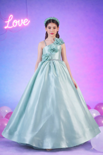 Rüyam Çocuk Giyim Kız Çocuk Tek Omuz Gül Detaylı Mint Yeşili Saten Abiye Elbise