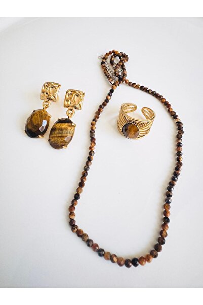 DEVİ fashion Tiger Eye Natural Stone Necklace Earring Ring Set