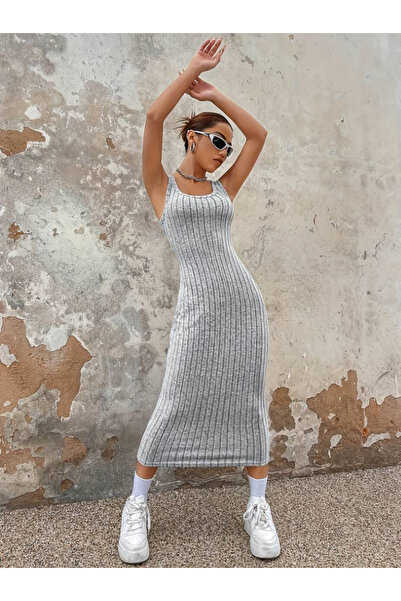 Genel Markalar Kadın Kalın Askılı Kare Yaka Fitilli Kaşkorse Midi Boy Elbise