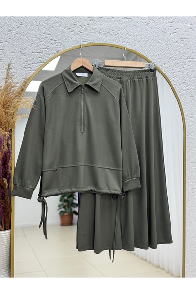 BENAHOLL Caminda Half Zipper Side Lace-Up Skirt Suit-Mf1820 Khaki