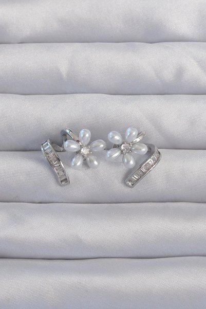 shopwave Brass Silver Rk Zircon Stone Curved Pearl Flower Earrings