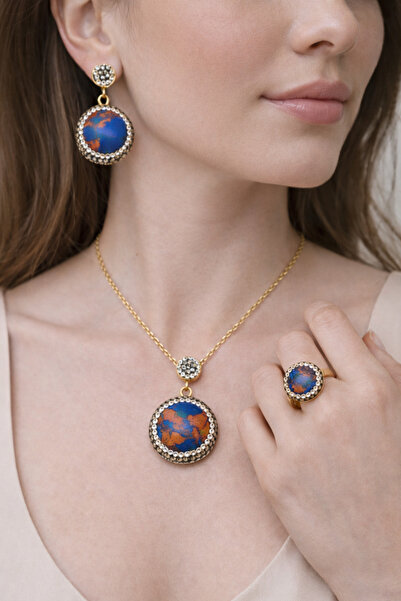 Tasarım Woman | Natural Stone Special Necklace Earring Ring Set |   Non-Tarni...