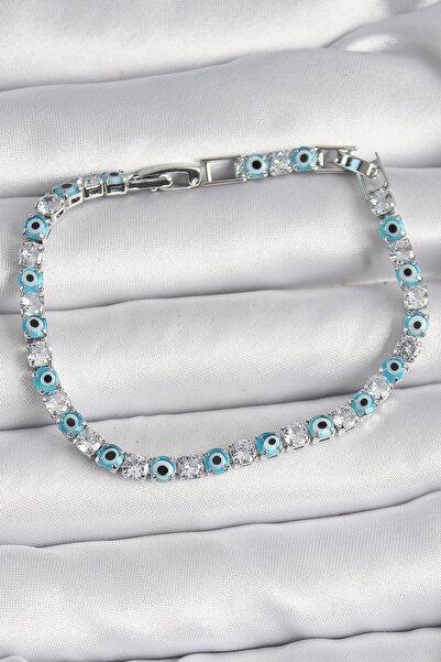 shopwave Pirinç Gümüş Renk Su Yolu Zirkon Taşlı Nazar Boncuklu Kadın Bileklik