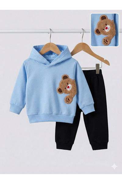 tinytrends Boy's 100% Cotton Teddy Bear Embroidered 2 Thread K Hooded Baby Set