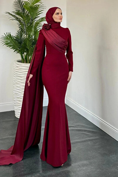 Tesettür Diyarı Βραδινό φόρεμα χιτζάμπ από κρεπ με ροζ λεπτομέρεια στους ώμου...