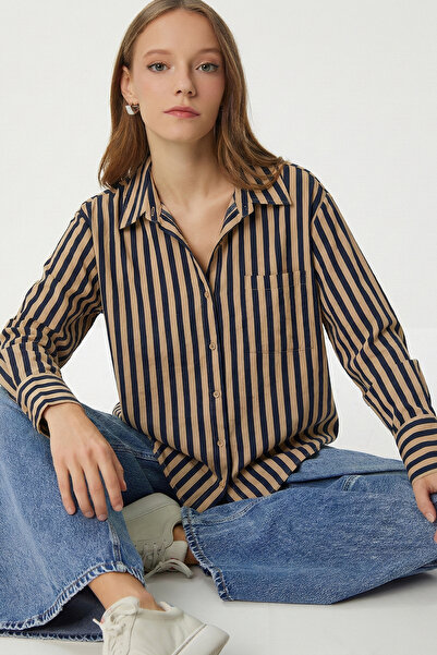 Lovelyİstanbul Striped Woven Shirt Lxa0033 Biscuit Dark Blue
