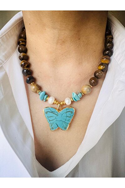 DEVİ fashion Tiger Eye Natural Stone and Real Pearl Butterfly Necklace 47 cm