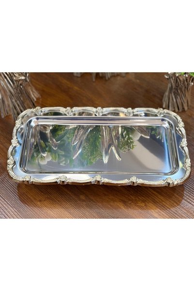 atabey home Single-Leg Serving Tray & Baton Cake & Pastry Service Steel Tray Cast Full Silver 32 cm
