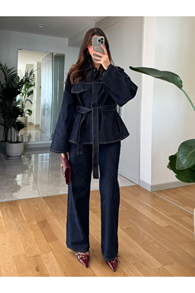 My Blog Navy Blue Laced Denim Jacket Pants Set- 240274 /275