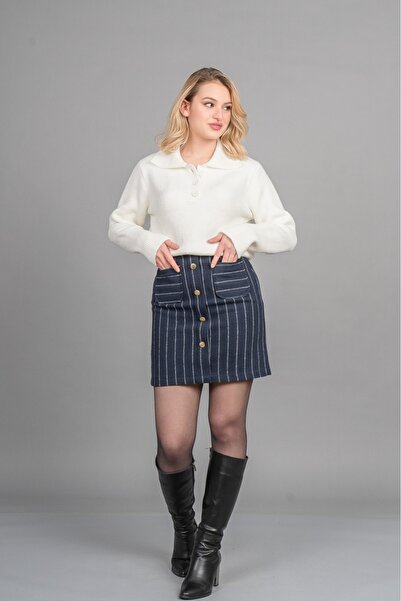 MissVina Chic Ornamental Button Detailed Cashmere Striped Mini Skirt 6824