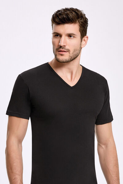 İlke Men'S, 100% Cotton, V-Neck, Sleeved, Pack of 6 Black Undershirts/T-Shirts