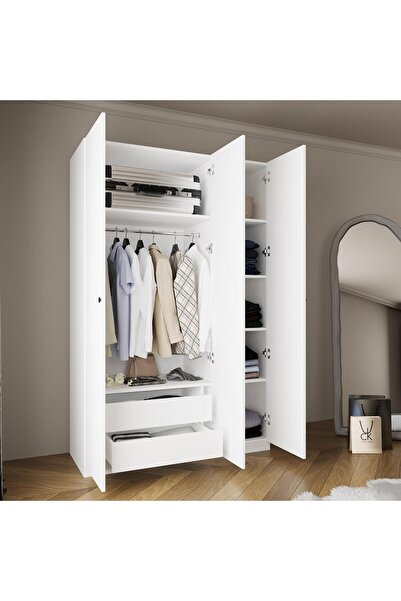 Bimossa KB6040 GOSS 135cm Beyaz Kapaklı Gardırop,3 Kapaklı,2 Çekmeceli,5Raflı...