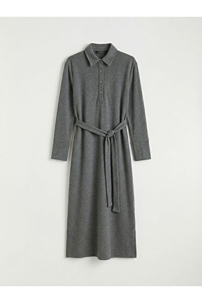 LC Waikiki Γκρι φόρεμα με λαιμόκοψη πόλο και ζώνη