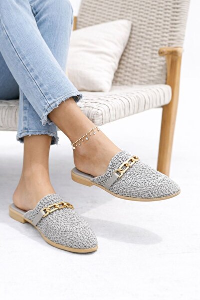 EKMEKÇİOĞLU AYAKKABICILIK Kadın Önü Kapalı Hasır Terlik Bej Dantel Örme Nakış...