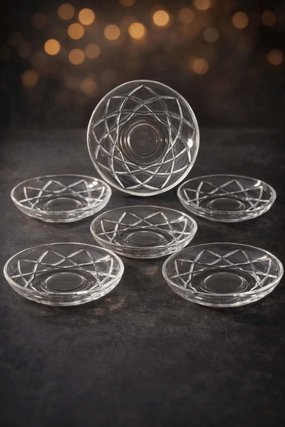 Paşabahçe 6-Piece Diamond Pattern Tea Plate – Crystal Cut Transparent Glass S...