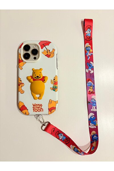 Store Şirinler Desenli Kırmızı Boyun Askı İpi, Kimlik Kartı ve Telefon Askısı...