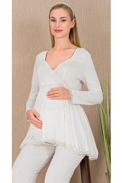REN Women's Tulle Guipure Detail 3-Piece Maternity Pajama Set, Long Maternity...