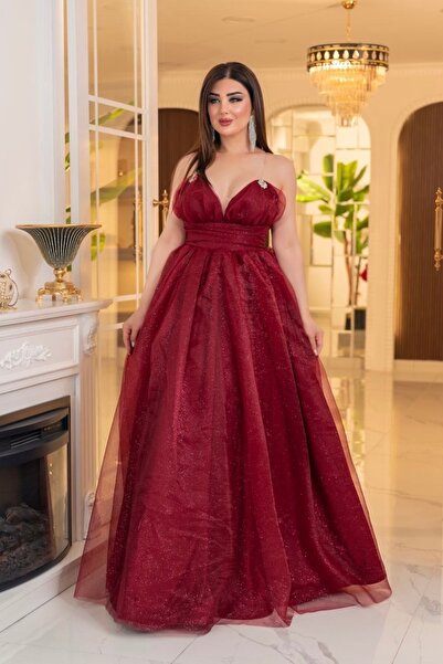 Matik Abiyem Glittering Dalya V-Neck Long Princess Evening Dress