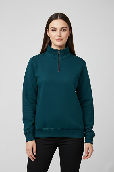 assef Women's Half Zipper Mock Neck Fleece-Lined Cotton Relaxed Fit Sweatshirt