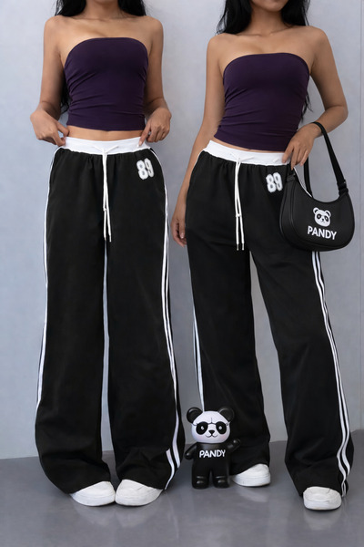 pandy قطعتان من 89 مطبوع بنطال رياضي نسائي واسع الساقين ذو خصر عالٍ وحزام أبي...