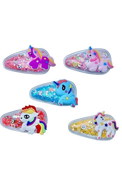 SHEKER HOME Unicorn Figürlü Simli Çıtçıt Toka – 5 Adet Kız Çocuk Saç Tokası
