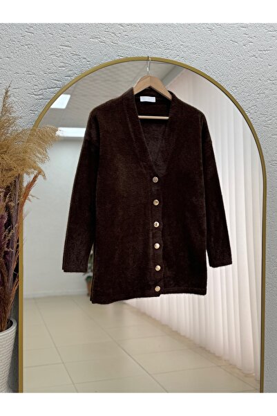 MİHRA STORE Gianora Metal Buttoned Bearded Cardigan-Zi̇5252 Brown