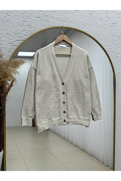MİHRA STORE Feronia Gold Buttoned Furry Plush Cardigan-Zi̇5250 Stone