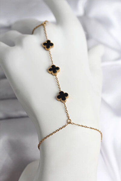 shopwave ساعة نسائية من الفولاذ 316L بلون ذهبي وتصميم البرسيم الأسود