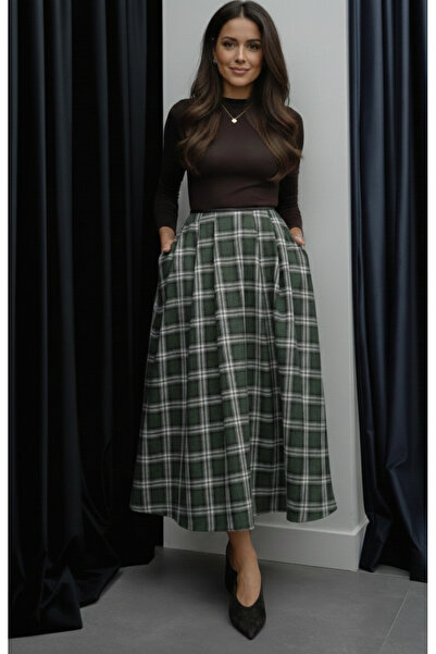 My Blog Khakifarbener Rock mit Lederstreifen und Karomuster – 4977