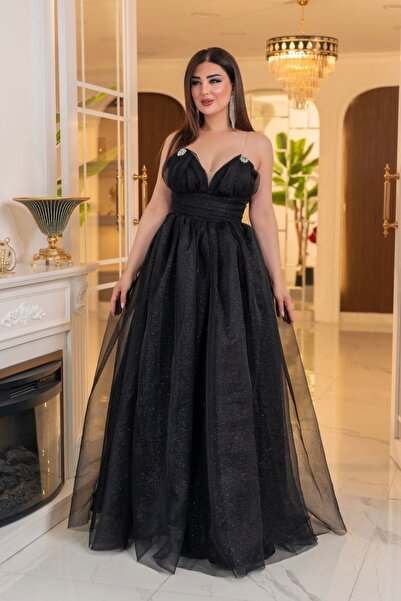 Matik Abiyem Simli Dalya V Yaka Uzun Prenses Abiye Elbise