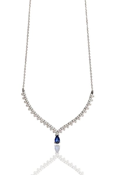 Hakan Güler Kuyumculuk 14 Ayar Beyaz Altın Mavi Damla Taşlı Model Su Yolu Zincir