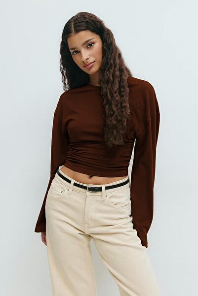 Madmext Bitter Brown Crew Neck Gathered Side Wide Sleeve Women's Blouse Mg2628