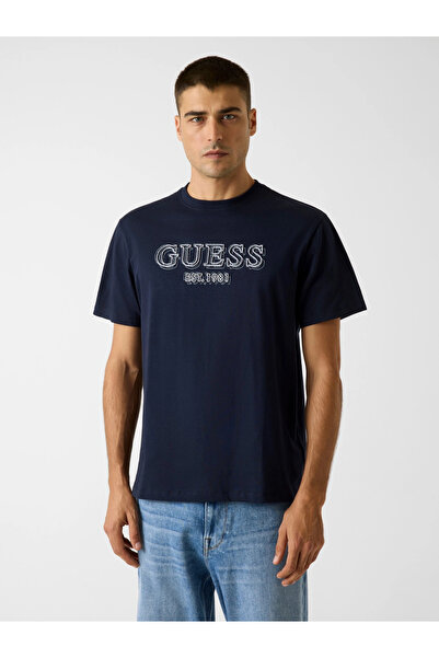 Guess Mânecă scurtă guler rotund Logo brodat pentru bărbați Albastru bleumari...