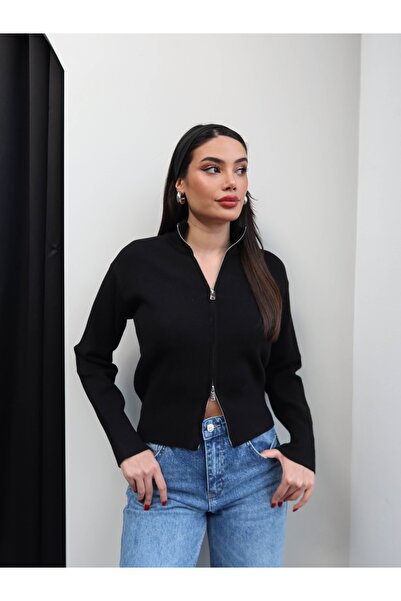 ESRAHELVACI Stand Collar Double Zipper Knitwear Cardigan