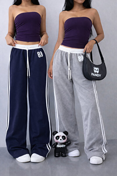 pandy 2'li 89 Baskılı Beyaz Kemerli Çift Şeritli Yüksek Bel Kadın Bol Paça Eş...