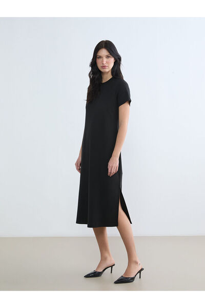 LC Waikiki Black Crew Neck Slit Dress