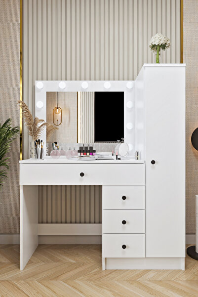 Ases Mobilya Cmt520 Hollywood Işıklı Aynalı Boy Dolaplı Çekmeceli Makyaj Masa...