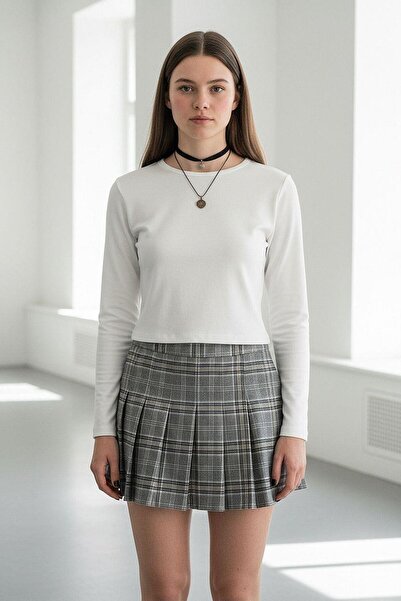 Madmext Γκρι 100% βαμβακερό καρό σχέδιο πλισέ μίνι σορτς φούστα MG2629