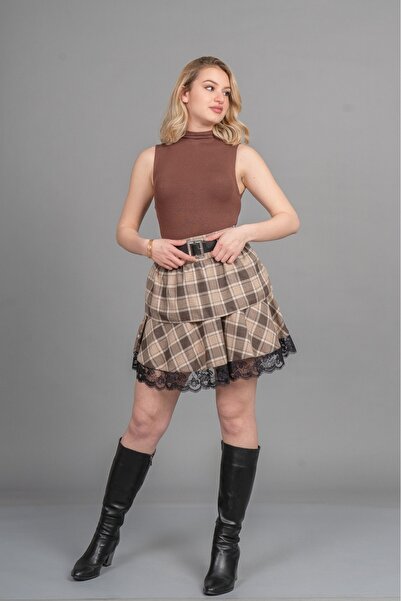 MissVina Ethereal Flow Tulle Detailed Plaid Mini Skirt 6848