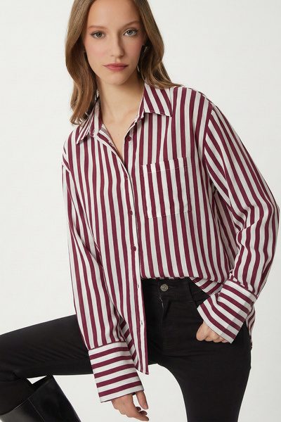 Lovelyİstanbul Striped Woven Shirt Lxa0033 Bordo White