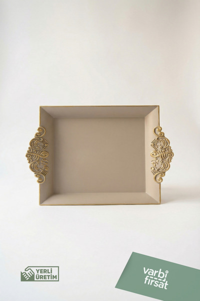 Varbifırsat White Presentation Tray with Gold Detail - 22X26X4 cm